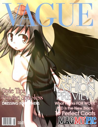 baerun, shameimaru aya, touhou, 1girl, black hair, black wings, cover, english text, expressionless, fake magazine cover, female focus, hat, looking at viewer, looking back, magazine cover, open mouth, parody, red eyes, short hair, solo, tokin hat, wings