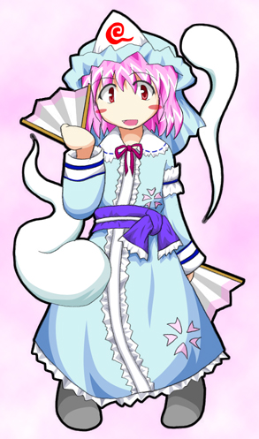 baerun, saigyouji yuyuko, touhou, lowres, 1girl, chibi, female focus, folding fan, ghost, hand fan, hat, pink hair, short hair, solo