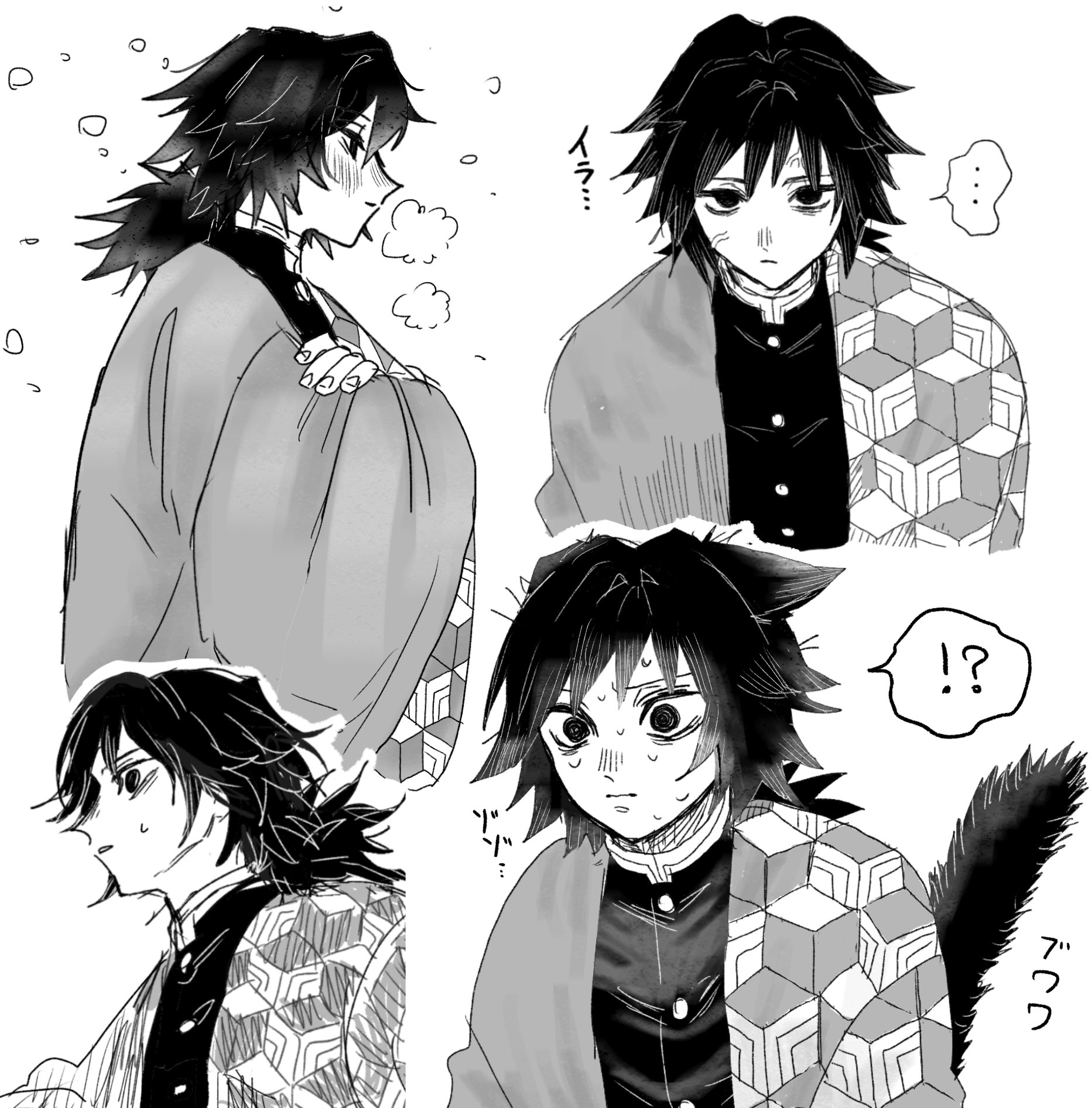 tomioka giyuu, kimetsu no yaiba, highres, !?, 1boy, belt, buttons, closed mouth, demon slayer uniform, empty eyes, haori, high collar, jacket, japanese clothes, kikkoumon, letsgo shiawase, looking at viewer, low ponytail, male focus, multiple views, pants, ponytail, print haori, simple background, solo, spiked hair, sweat, upper body, white background