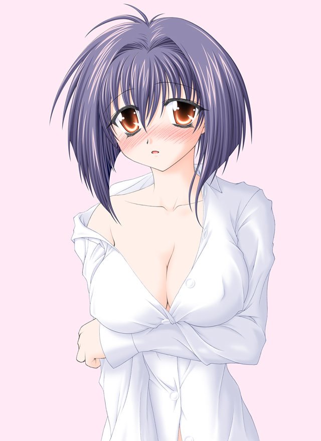satanachia, maaka karin, karin, bad id, bad pixiv id, 00s, 1girl, arm under breasts, bare shoulders, blush, breasts, brown eyes, cleavage, covered erect nipples, female focus, large breasts, no bra, open clothes, open shirt, purple hair, shirt, short hair, solo