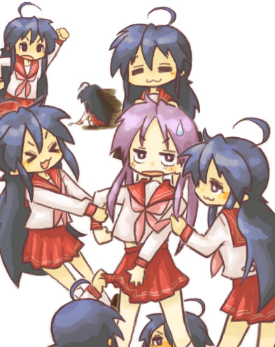 mashima, hiiragi kagami, izumi konata, lucky star, lowres, > <, > <, 00s, 6+girls, :3, ahoge, clone, closed eyes, mole, mole under eye, multiple girls, multiple persona, school uniform, serafuku, sweatdrop, x3