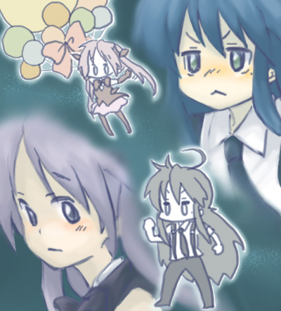 asuka daiki, haneoka meimi, hiiragi kagami, izumi konata, kaitou saint tail, lucky star, lowres, 00s, 1990s (style), 2girls, ahoge, asuka daiki (cosplay), balloon, cosplay, haneoka meimi (cosplay), mole, mole under eye, multiple girls