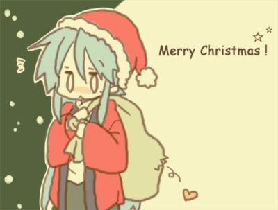 mashima, izumi konata, lucky star, lowres, 00s, 1girl, christmas, female focus, heart, merry christmas, mole, mole under eye, sack, santa costume, solo