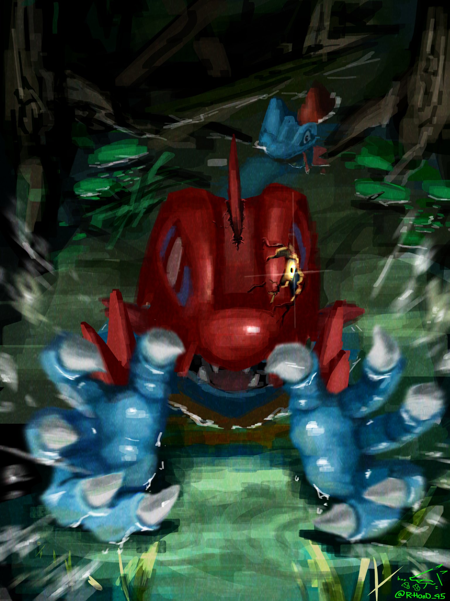 rhond 45, feraligatr, mega feraligatr, totodile, nintendo, pokemon, pokemon legends: z-a, highres, attack, claws, fangs, gen 2 pokemon, glowing, glowing eyes, lily pad, looking at viewer, mega pokemon, no humans, open mouth, partially submerged, pokemon (creature), pokemon focus, sharp teeth, swimming, tail, teeth, tree, water, yellow eyes