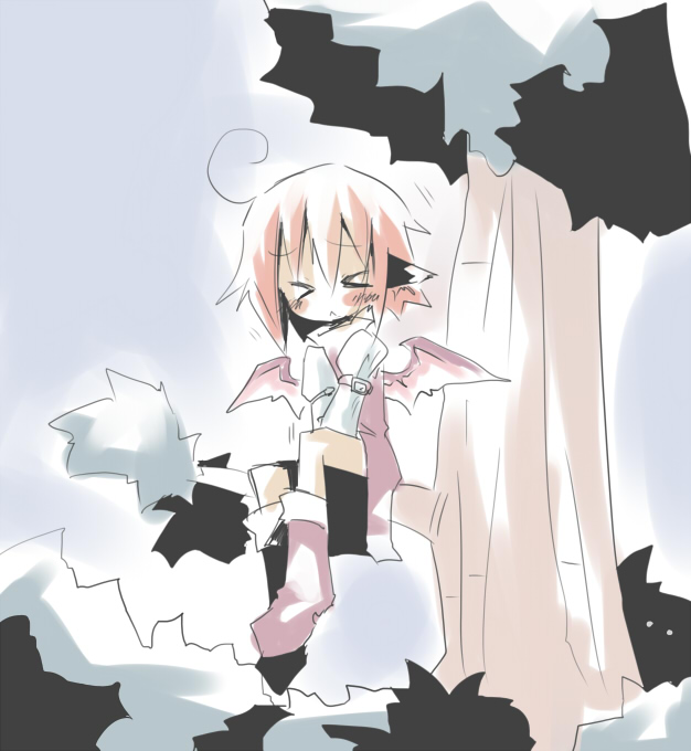 kuroneko no toorimichi, mystia lorelei, touhou, > <, 1girl, :<, animal ears, closed eyes, female focus, full body, outdoors, pink hair, plant, sitting, sky, solo, tree, wings