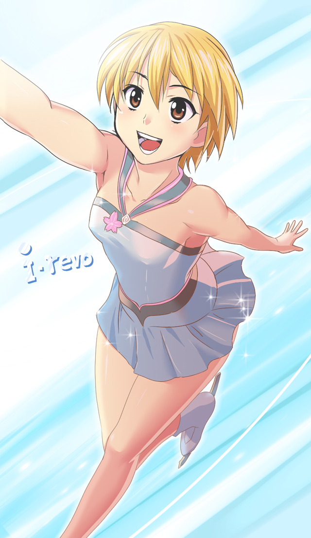 g-tetsu, oosawa masaki, ice revolution, 1girl, blonde hair, female focus, ice skates, short hair, skates, solo