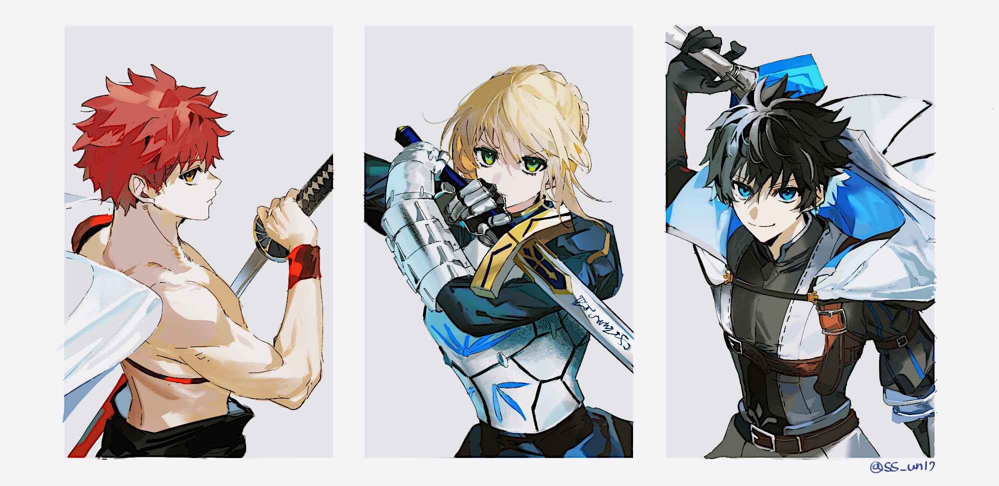 ss un17, artoria pendragon (fate), charlemagne (fate), charlemagne (first ascension) (fate), emiya shirou, saber (fate), senji muramasa (fate), fate/grand order, fate/stay night, fate (series), highres, 1girl, 2boys, ahoge, armor, armored dress, black hair, blonde hair, blue dress, blue ribbon, braid, breastplate, breasts, cape, dress, excalibur (fate/stay night), faulds, gauntlets, green eyes, hair bun, hair ribbon, holding, holding sword, holding weapon, joyeuse ordre (fate), juliet sleeves, katana, long hair, long sleeves, looking at viewer, medium breasts, multiple boys, puffy sleeves, red hair, ribbon, sidelocks, sword, weapon