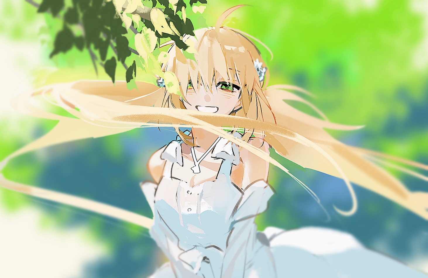 ss un17, artoria caster (fate), artoria caster (over the same sky) (fate), artoria pendragon (fate), fate/grand order, fate (series), 1girl, ahoge, blonde hair, bow, detached sleeves, dress, floating hair, flower, grin, hair flower, hair ornament, hair over one eye, jewelry, looking at viewer, necklace, sketch, smile, solo, tree, twintails, white dress