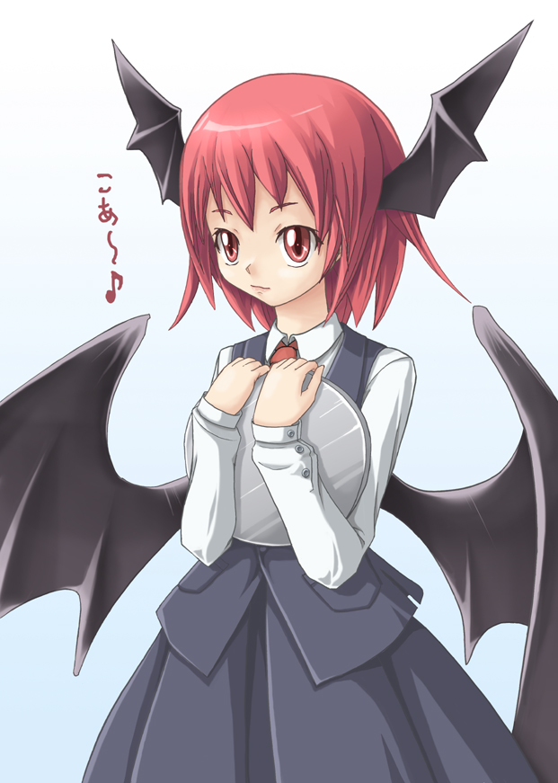 marujin, koakuma, embodiment of scarlet devil, touhou, translation request, 1girl, bat wings, female focus, head wings, koa (phrase), musical note, red eyes, red hair, short hair, solo, tray, wings