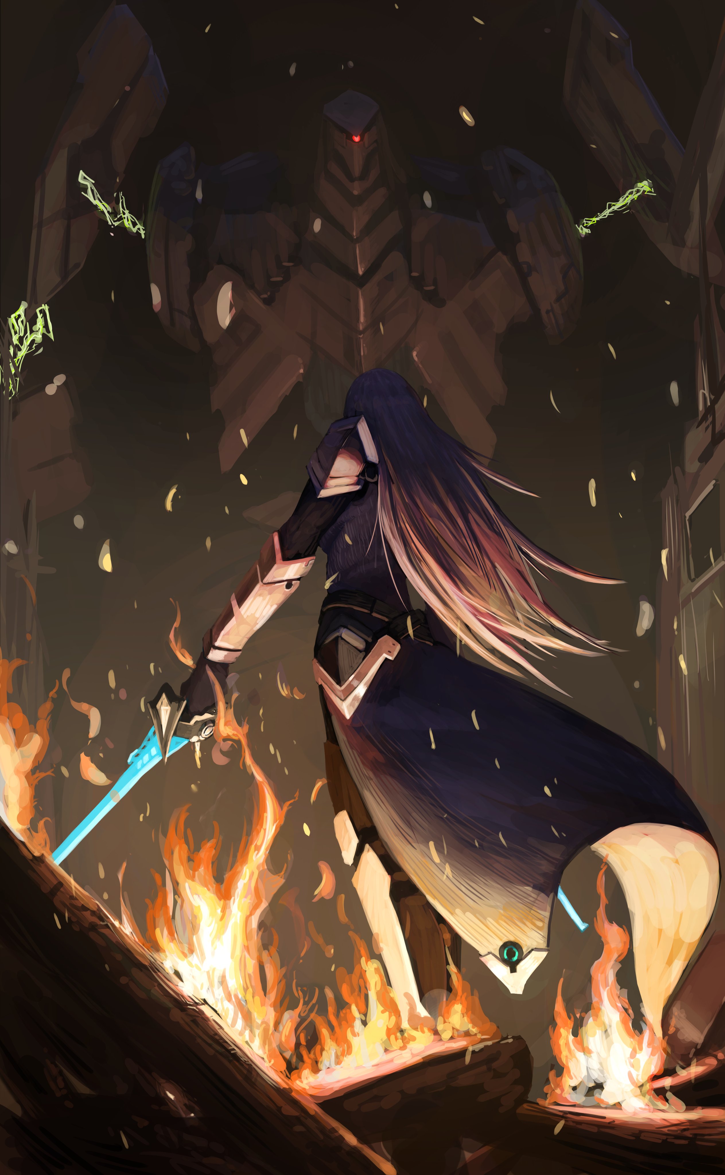 ponaponyo, ethel (xenoblade), xenoblade chronicles (series), xenoblade chronicles 3, absurdres, commentary request, highres, 1girl, cape, embers, ferronis (xenoblade), fire, full body, grey hair, holding, holding sword, holding weapon, long hair, mecha, robot, solo, standing, sword, weapon