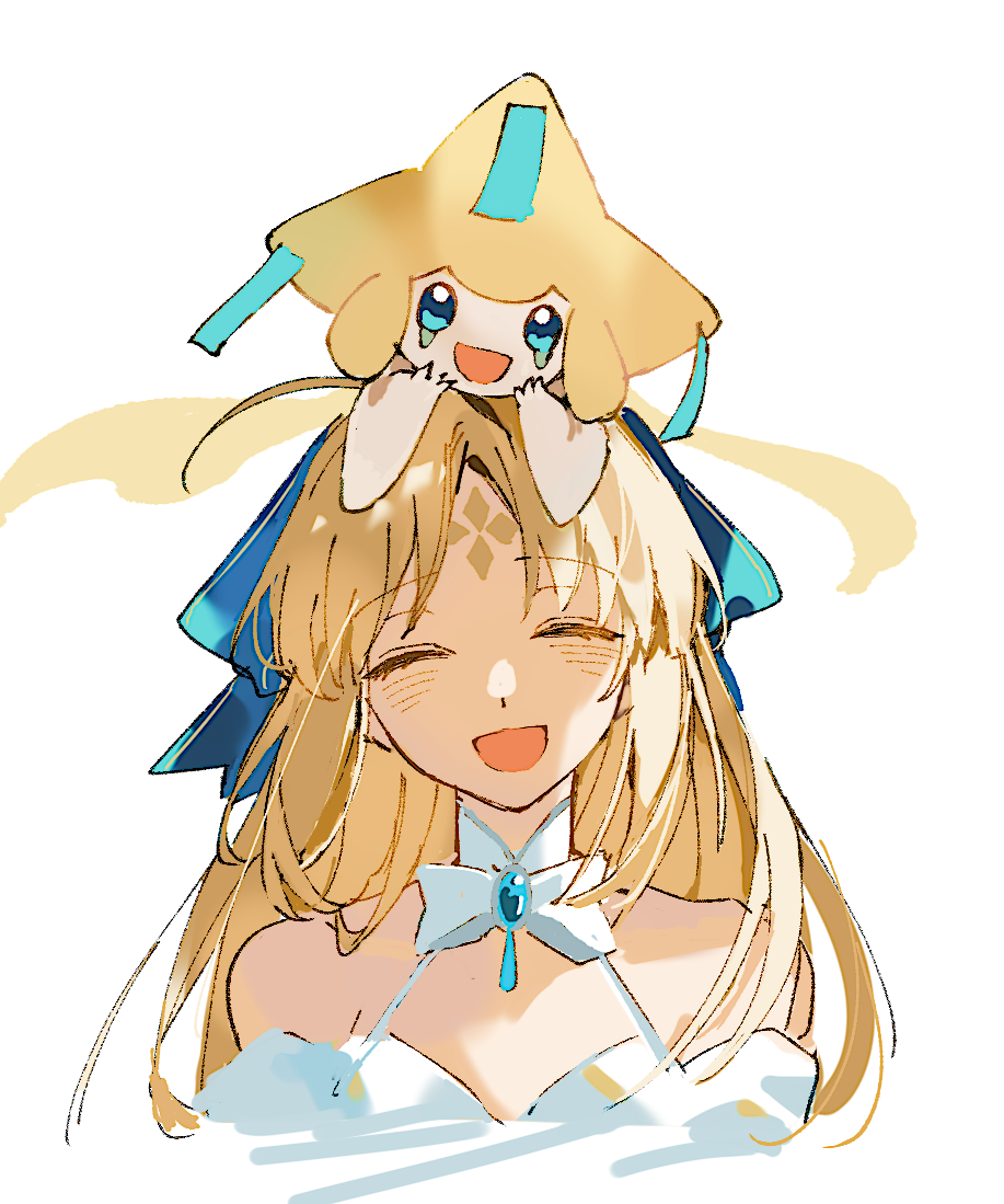 ss un17, artoria caster (fate), artoria caster (hopewill camelot) (fate), artoria pendragon (fate), jirachi, fate/grand order, fate (series), nintendo, pokemon, 1girl, blonde hair, blue eyes, blue ribbon, blush, closed eyes, crossover, facial mark, forehead mark, gen 3 pokemon, hair ribbon, legendary pokemon, long hair, mythical pokemon, on head, open mouth, parted bangs, pokemon (creature), ribbon, simple background, smile, swimsuit, very long hair, white background