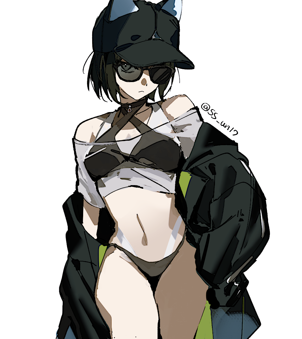 ss un17, ryougi shiki, ryougi shiki (swimsuit mooncancer) (first ascension), fate/grand order, fate (series), 1girl, ahoge, animal ears, bare shoulders, baseball cap, bikini, black bikini, black hat, black jacket, breasts, brown hair, cat ears, choker, cleavage, cropped shirt, grey eyes, hat, jacket, long sleeves, looking at viewer, medium breasts, multicolored bikini, navel, off shoulder, parted bangs, shirt, short hair, short sleeves, solo, sunglasses, swimsuit, thighs, two-tone bikini, white bikini, white shirt