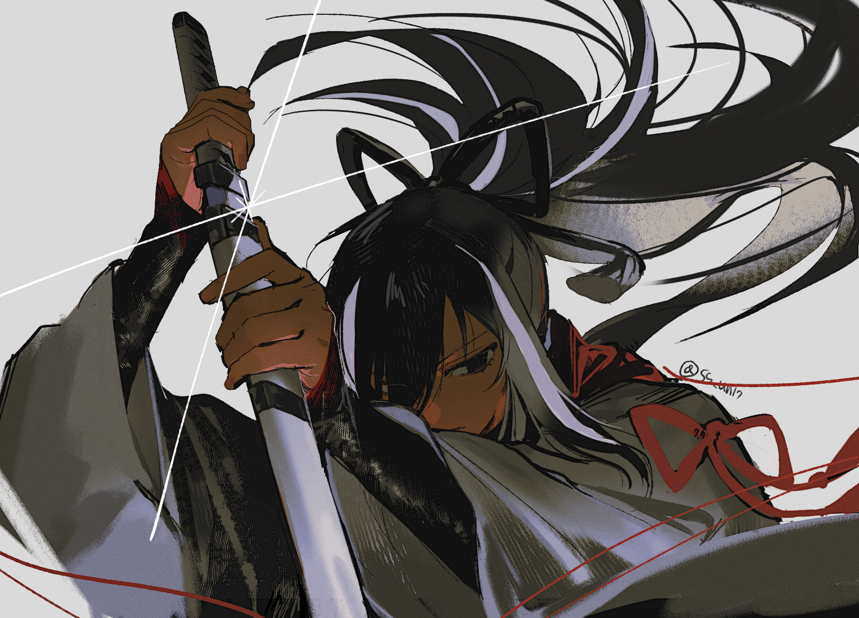 ss un17, kawakami gensai (fate), fate/grand order, fate (series), highres, 1girl, black eyes, black hair, black scarf, katana, kawakami gensai (first ascension) (fate), long hair, long sleeves, looking at viewer, multicolored hair, ponytail, scarf, sidelocks, solo, streaked hair, sword, weapon, white hair, white sleeves, wide sleeves