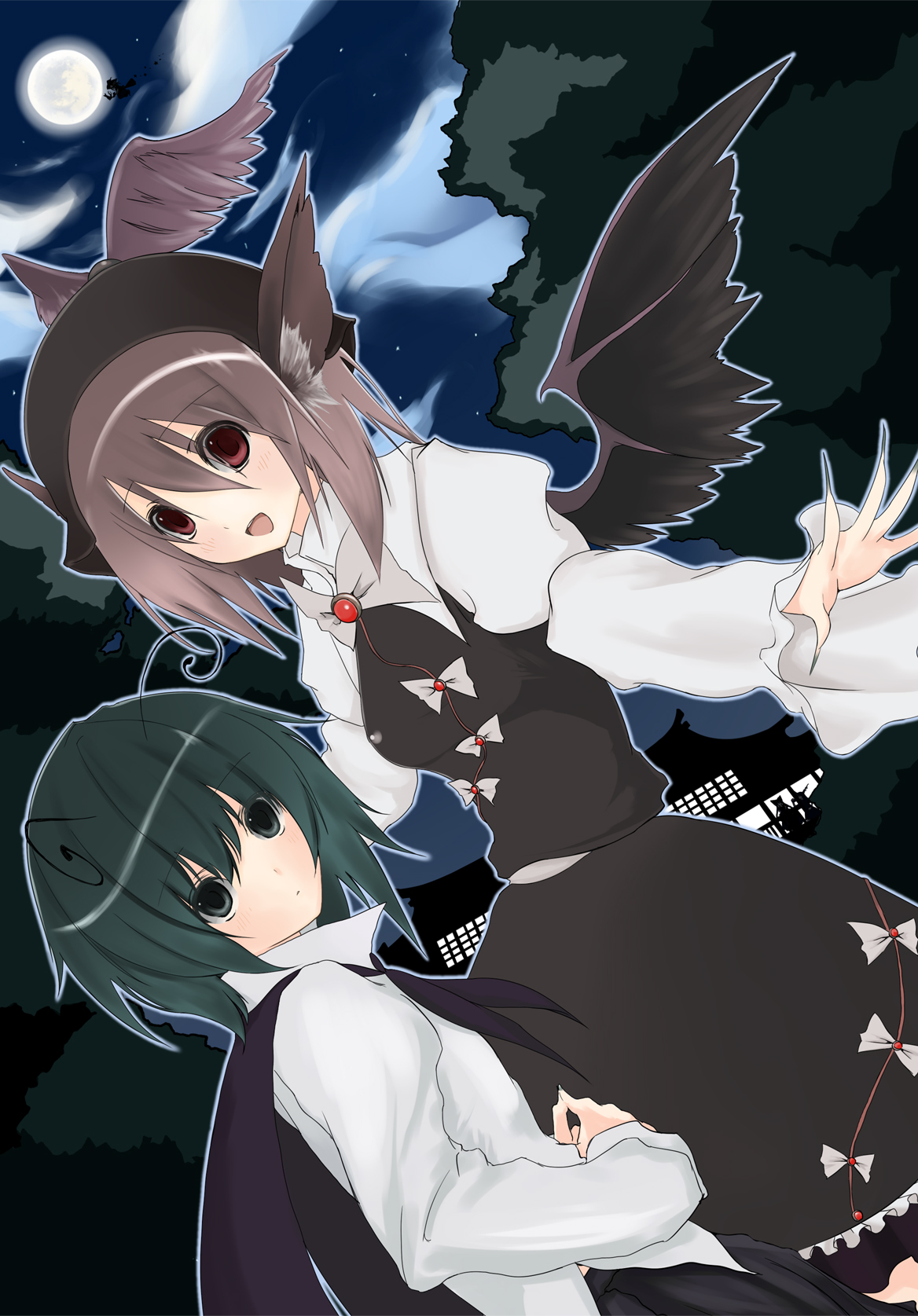 suzume miku, hakurei reimu, ibuki suika, kaenbyou rin, kaenbyou rin (cat), kirisame marisa, mystia lorelei, wriggle nightbug, touhou, bad id, bad pixiv id, highres, 6+girls, animal ears, antennae, cloud, female focus, full moon, green eyes, green hair, hat, moon, multiple girls, pink hair, red eyes, sky, wings