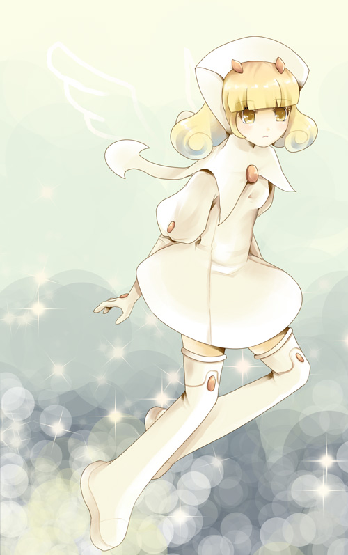 toda ayu, blanche, angelic layer, bad id, bad pixiv id, 1girl, blonde hair, boots, capelet, dress, female focus, flat chest, frown, short dress, short hair, solo, thigh boots, thighhighs, white thighhighs, yellow eyes, zettai ryouiki