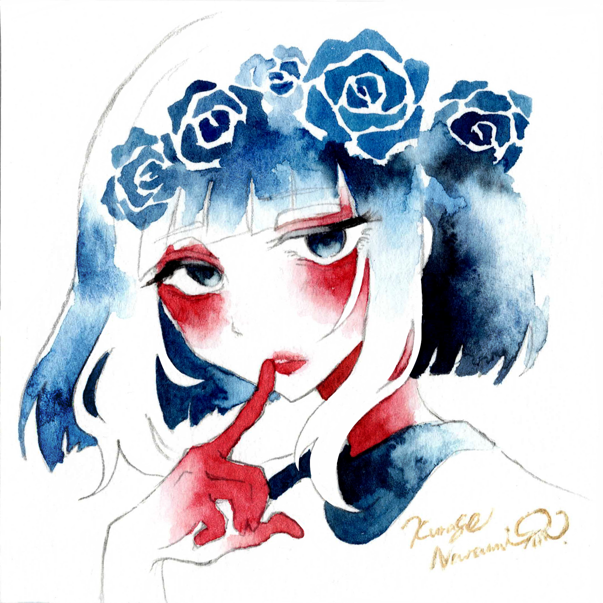 kurage nanami, original, highres, painting (medium), traditional media, watercolor (medium), 1girl, blue eyes, blue flower, blue hair, blue rose, bob cut, expressionless, finger to mouth, flower, hair flower, hair ornament, looking at viewer, medium hair, red lips, rose, signature, simple background, solo, white background