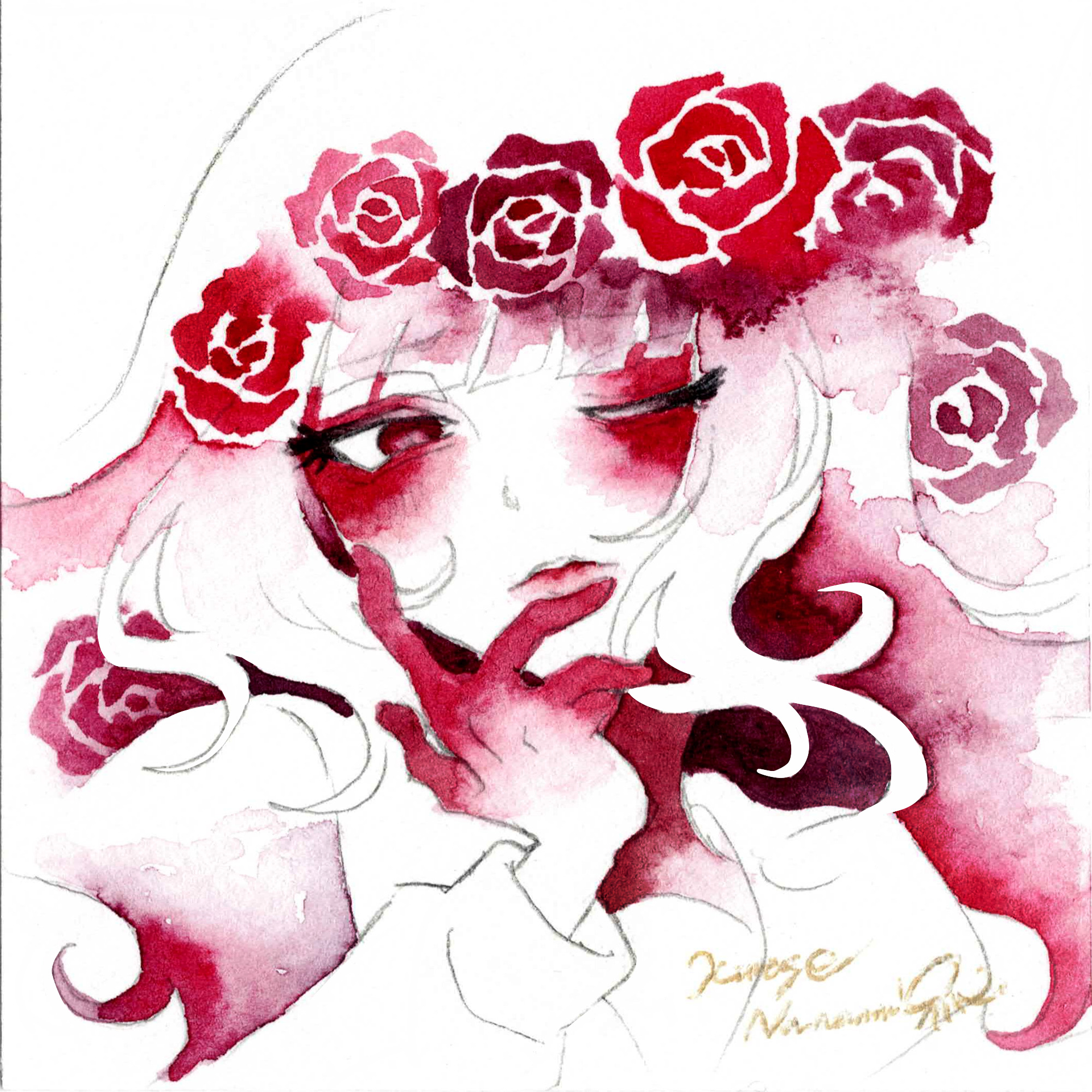 kurage nanami, original, highres, painting (medium), traditional media, watercolor (medium), 1girl, expressionless, flower, hair flower, hair ornament, hand up, hime cut, long hair, looking to the side, one eye closed, parted lips, purple eyes, purple flower, purple lips, purple rose, rose, signature, simple background, solo, white background