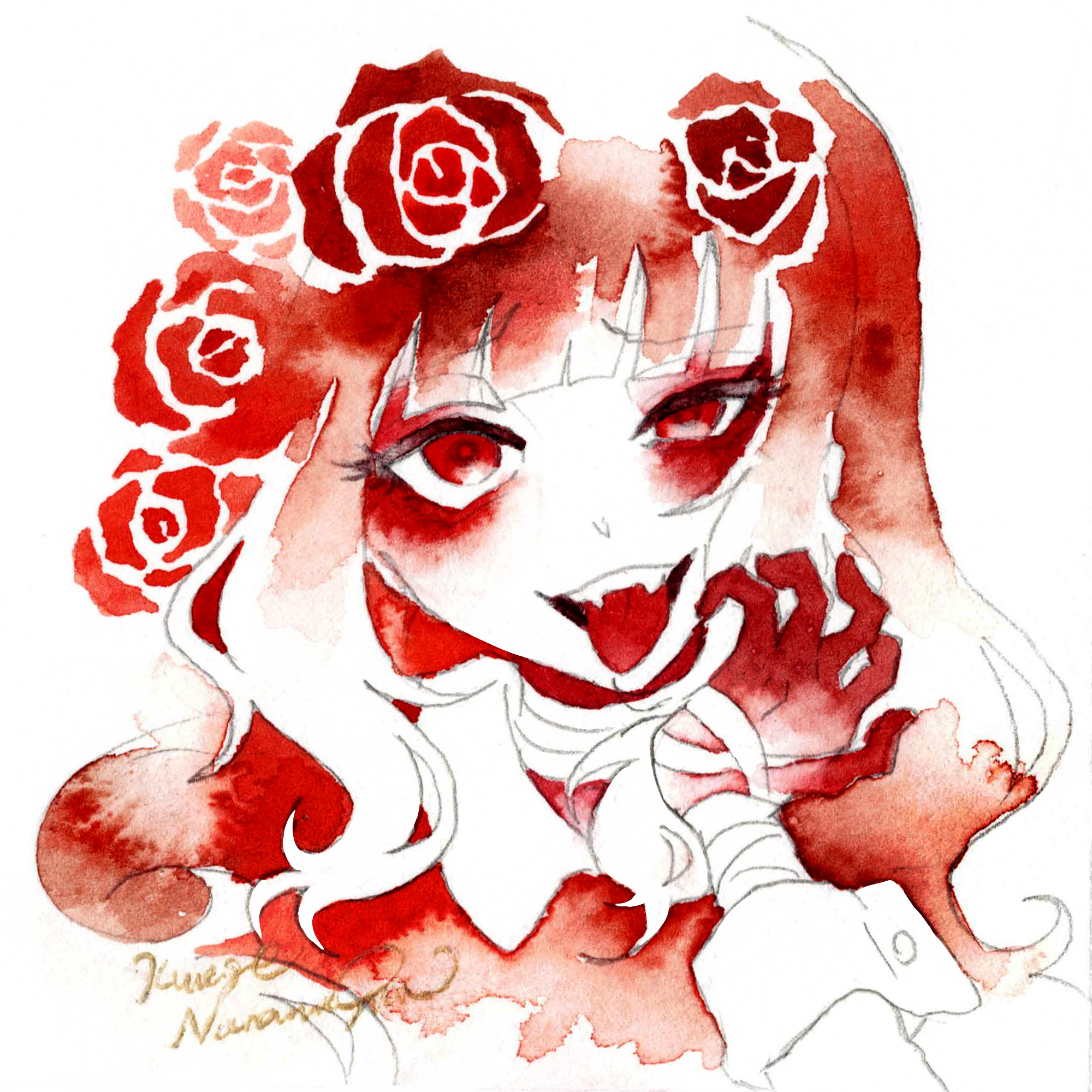 kurage nanami, original, highres, painting (medium), traditional media, watercolor (medium), 1girl, bandaged arm, bandages, flower, hair flower, hair ornament, hand up, hime cut, long hair, looking at viewer, open mouth, red eyes, red flower, red hair, red rose, rose, signature, simple background, solo, tongue, tongue out, white background