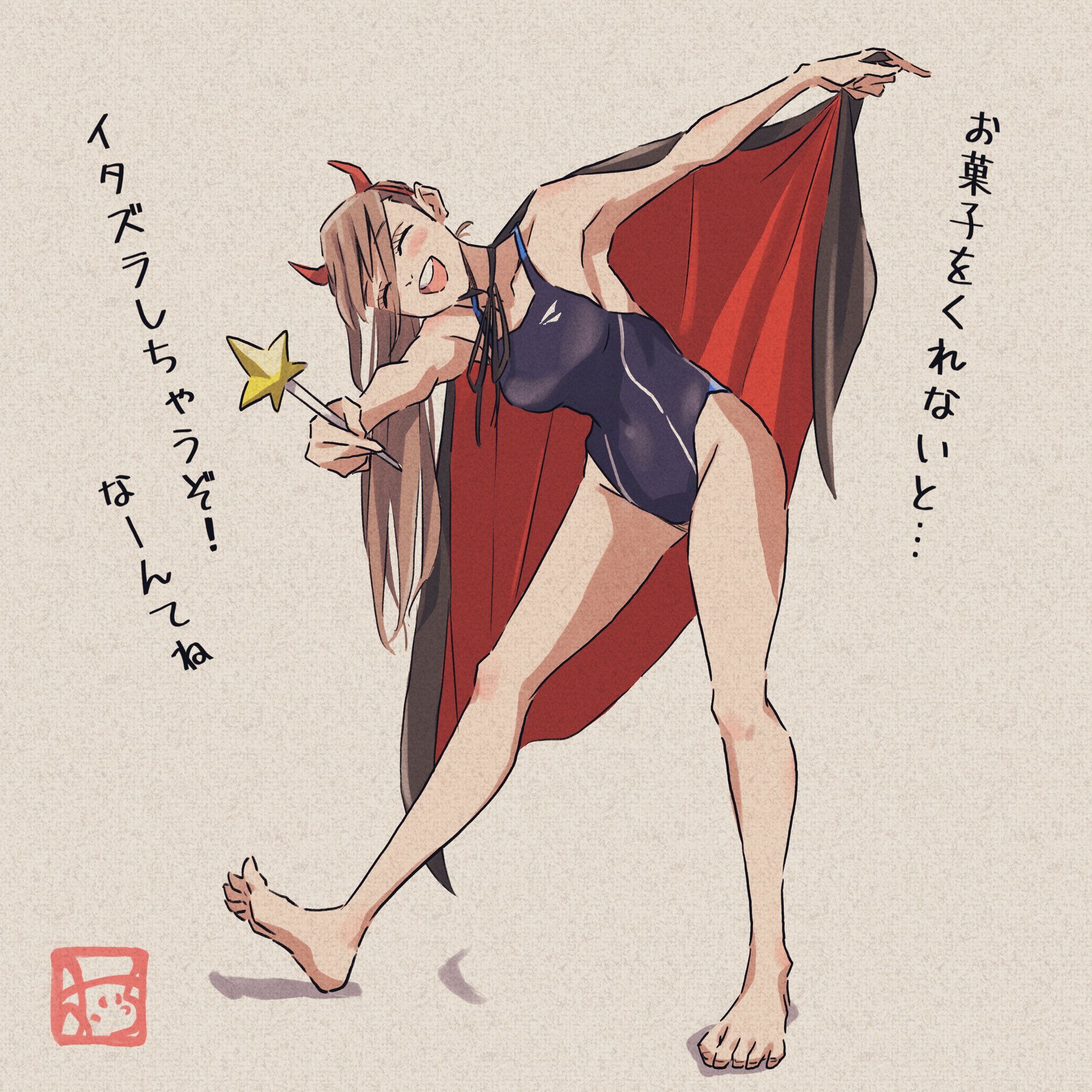 oicchikun, original, commentary, highres, translation request, 1girl, ^ ^, artist logo, barefoot, black one-piece swimsuit, breasts, cloak, closed eyes, collarbone, competition school swimsuit, demon horns, full body, halloween costume, holding, holding wand, horns, logo, long hair, one-piece swimsuit, open mouth, school swimsuit, smile, solo, standing, swimsuit, wand