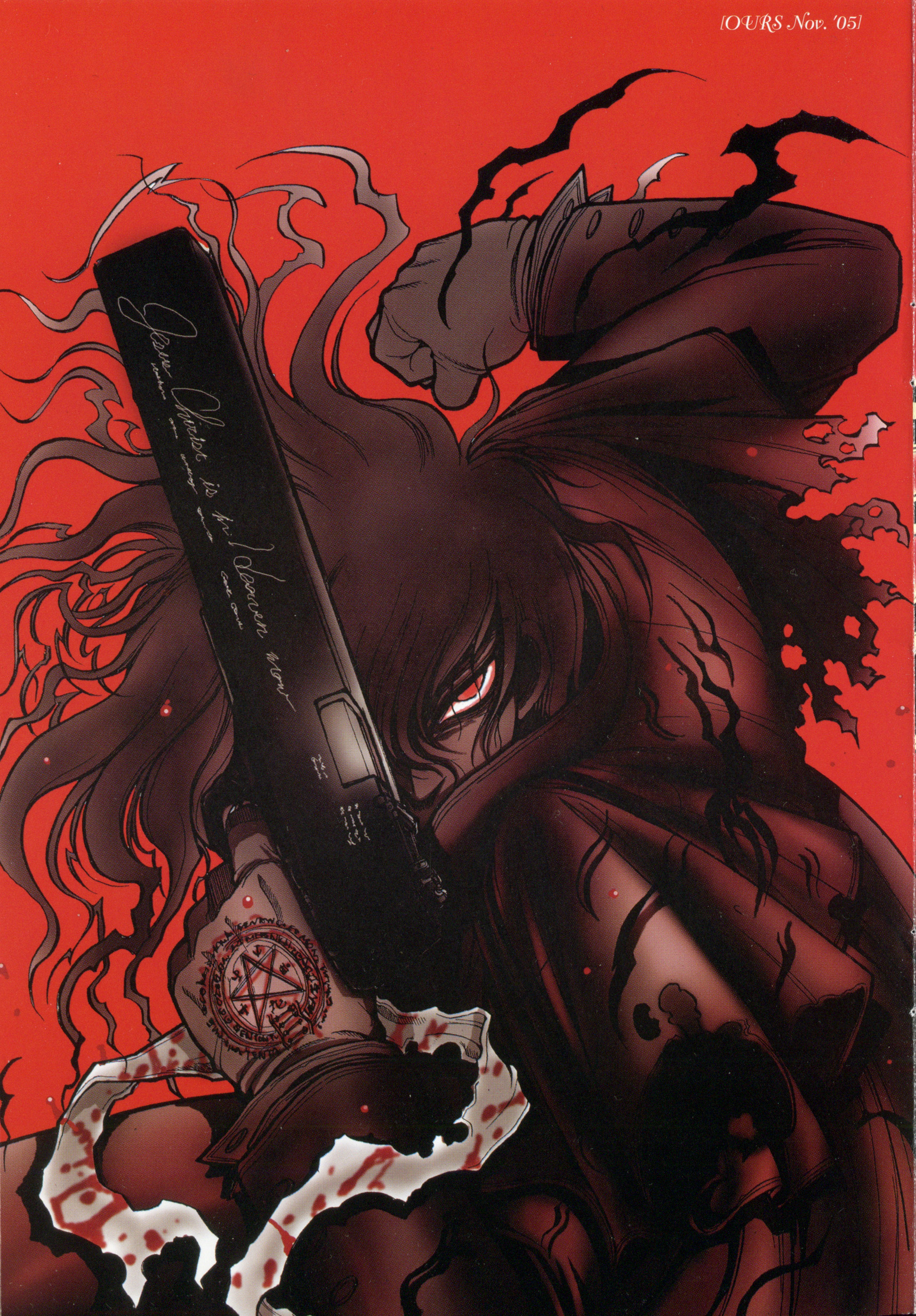 alucard (hellsing), hellsing, absurdres, highres, official art, scan, 1boy, black hair, blood, clenched hand, coat, gloves, gun, hair over one eye, handgun, insignia, jackal (hellsing), long hair, male focus, overcoat, pistol, red coat, red eyes, red theme, solo, torn clothes, vampire, weapon