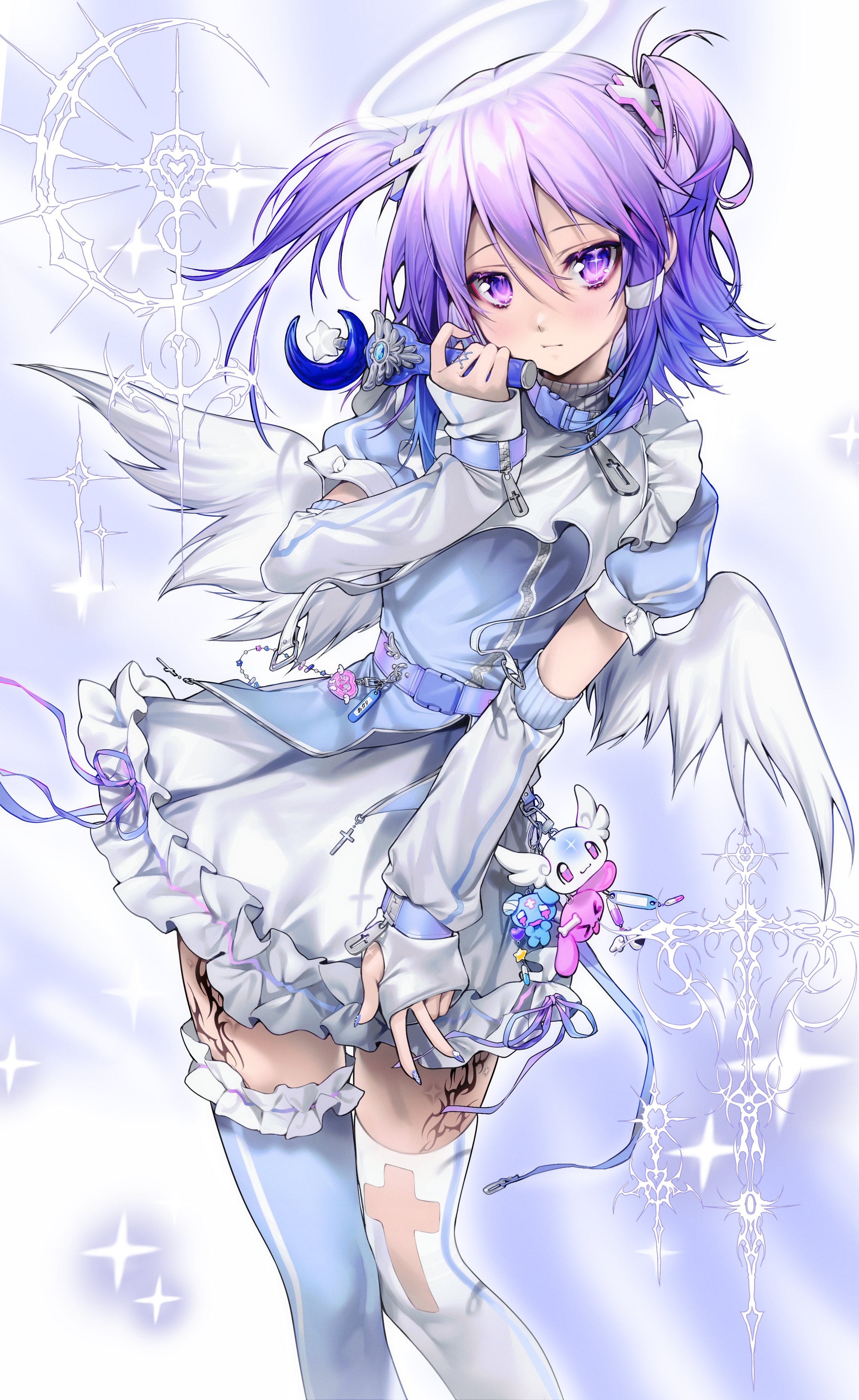 mazamuno, original, absurdres, highres, 1girl, angel, angel wings, asymmetrical legwear, blush, border, closed mouth, expressionless, feathered wings, half updo, halo, holding, holding wand, magical girl, mismatched legwear, mismatched thighhighs, pantyhose, purple background, purple eyes, purple hair, solo, tenshi kaiwai, thighhighs, twintails, wand, white border, white halo, white pantyhose, white wings, wings, yume kawaii