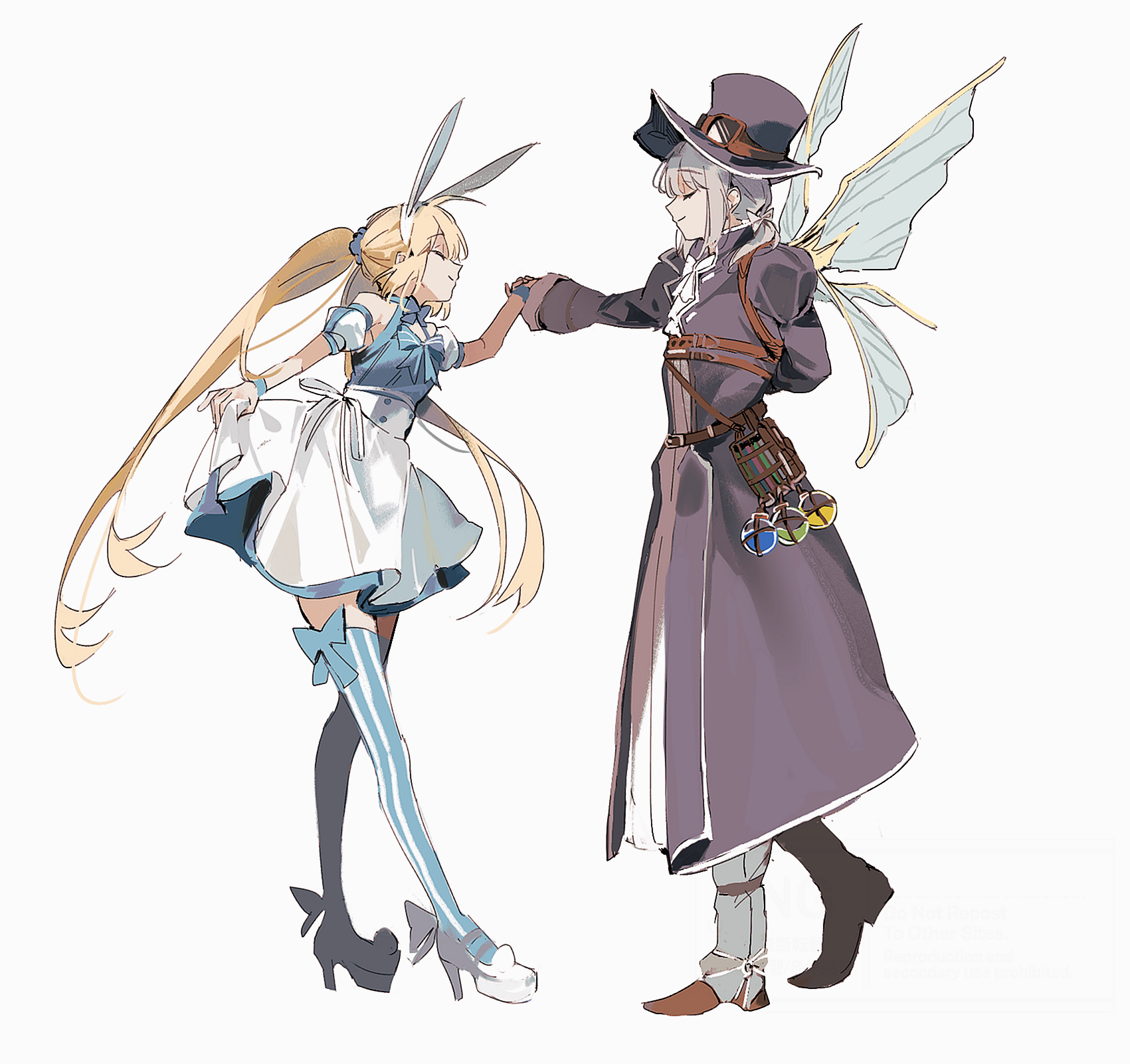 ss un17, artoria caster (fate), artoria caster (swimsuit berserker) (second ascension) (fate), artoria pendragon (fate), oberon (exhibition attire) (fate), oberon (fate), fate/grand order, fate (series), highres, 1boy, 1girl, animal ear hairband, animal ears, belt, black hat, blonde hair, blue dress, blue thighhighs, boots, bow, bow legwear, brown belt, brown boots, closed eyes, coat, curtsey, detached sleeves, dress, dress bow, fake animal ears, goggles, goggles on headwear, grey hair, hair ornament, hair scrunchie, hairband, hat, holding hands, insect wings, juliet sleeves, long hair, long sleeves, low ponytail, official alternate costume, ponytail, puffy detached sleeves, puffy sleeves, rabbit ears, scrunchie, simple background, skirt hold, smile, striped clothes, striped thighhighs, thighhighs, trench coat, twintails, two-tone thighhighs, vertical-striped clothes, vertical-striped thighhighs, very long hair, white background, white boots, white dress, wings, wristband