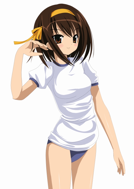 kiriya haruhito, suzumiya haruhi, suzumiya haruhi no yuuutsu, 00s, 1girl, brown eyes, brown hair, buruma, female focus, gym uniform, hairband, simple background, solo, white background