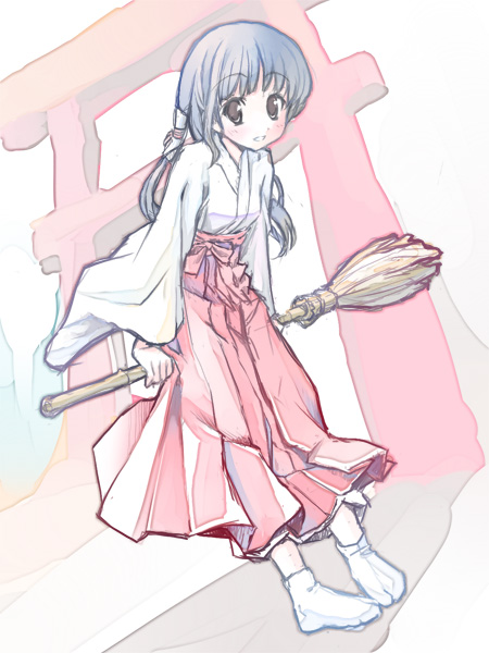 takoyaki (roast), original, broom, feet, japanese clothes, miko, sketch, socks, solo, tabi, torii