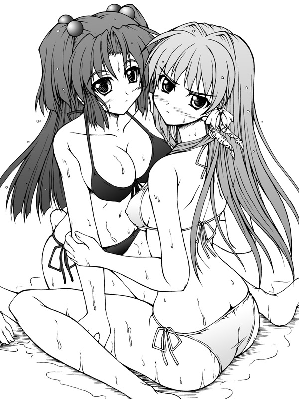 akimoto dai, fujibayashi kyou, ichinose kotomi, clannad, 00s, 2girls, angry, ass, barefoot, bikini, blush, breast press, breasts, butt crack, cleavage, greyscale, hair bobbles, hair ornament, hair ribbon, kneeling, large breasts, long hair, monochrome, multiple girls, ribbon, side-tie bikini bottom, sideboob, sitting, swimsuit, symmetrical docking, two side up, wet