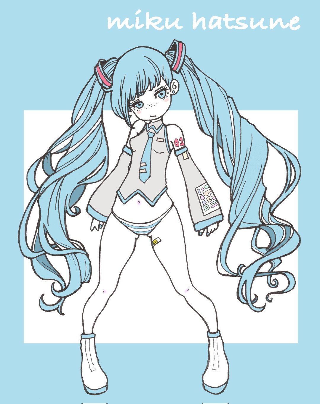 hatsune miku, vocaloid, commentary, highres, 1girl, bare shoulders, blue theme, character name, detached sleeves, freckles, full body, limited palette, looking at viewer, mikuoshugo1, necktie, no pants, number tattoo, panties, shoulder tattoo, solo, standing, striped clothes, striped panties, tattoo, twintails, underwear
