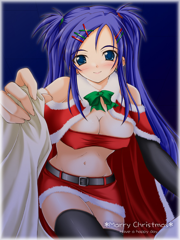 akimoto dai, original, 1girl, bandeau, belt, black thighhighs, blue eyes, blue hair, blush, breasts, cape, christmas, cleavage, covered erect nipples, detached sleeves, english text, engrish text, female focus, hair ornament, hairclip, large breasts, long hair, matching hair/eyes, midriff, miniskirt, navel, panties, pantyshot, ranguage, santa costume, skirt, smile, solo, standing, strapless, thighhighs, tube top, twintails, underwear, upskirt, white panties