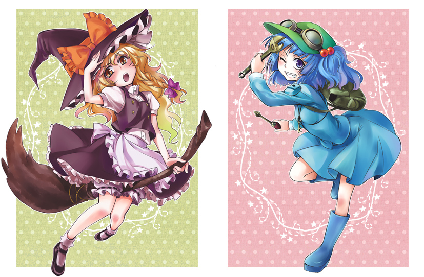 matilda (matildax), kawashiro nitori, kirisame marisa, touhou, 2girls, blonde hair, bloomers, blue eyes, blue hair, bobby socks, boots, braid, broom, broom riding, female focus, goggles, goggles on headwear, grin, hair bobbles, hair ornament, hat, mary janes, multiple girls, one eye closed, polka dot, polka dot background, rubber boots, screwdriver, shoes, side braid, smile, socks, twintails, two side up, underwear, witch hat, wrench, yellow eyes