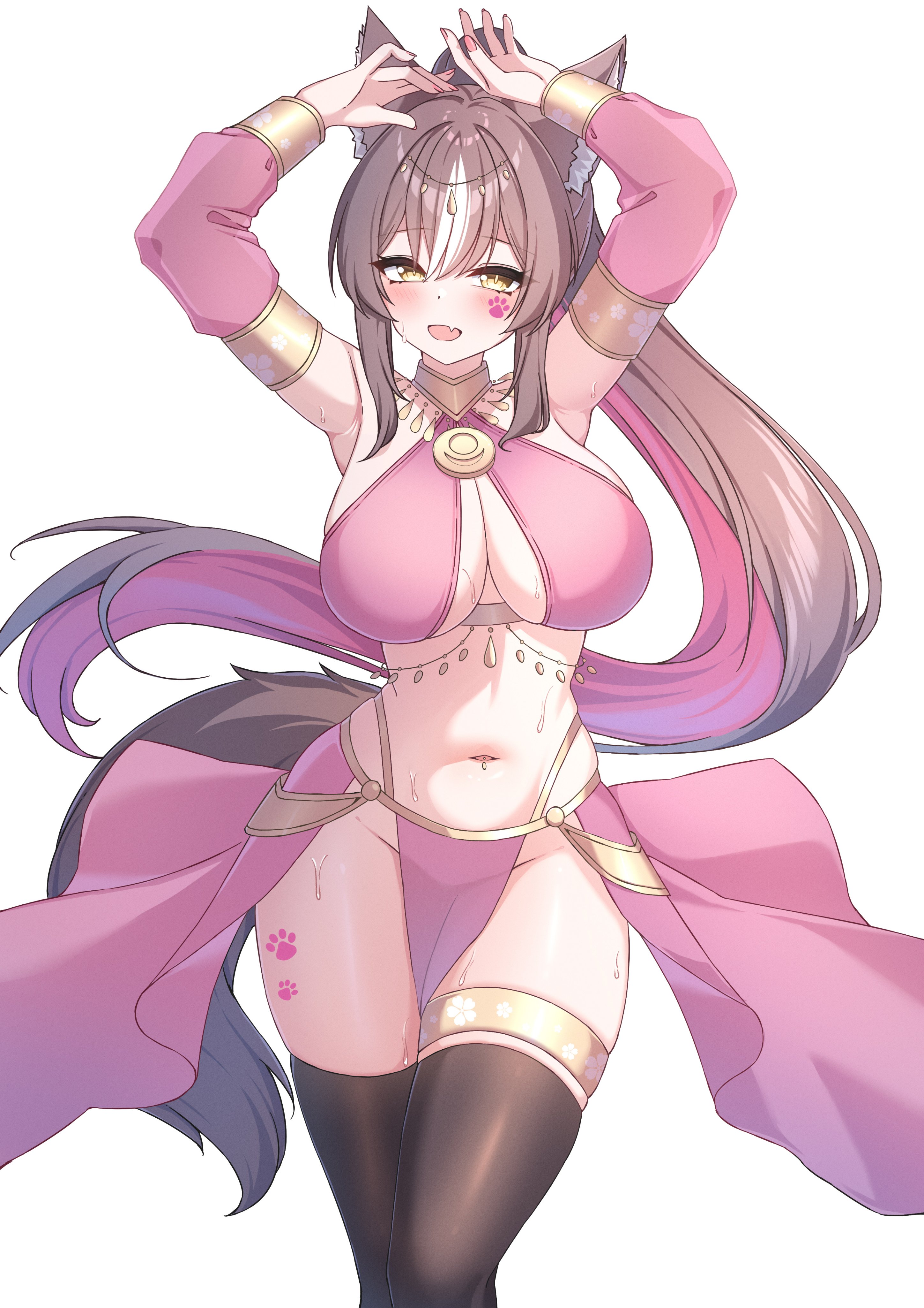 maru.selinn, chisaka airi, phase connect, absurdres, highres, second-party source, 1girl, animal ears, arabian clothes, armpits, arms up, belly, breasts, brown hair, cleavage, large breasts, midriff, multicolored hair, nail polish, navel, pink hair, pink nails, sideboob, streaked hair, tail, tattoo, thighhighs, thighs, virtual youtuber, white hair, wolf ears, wolf tail, yellow eyes