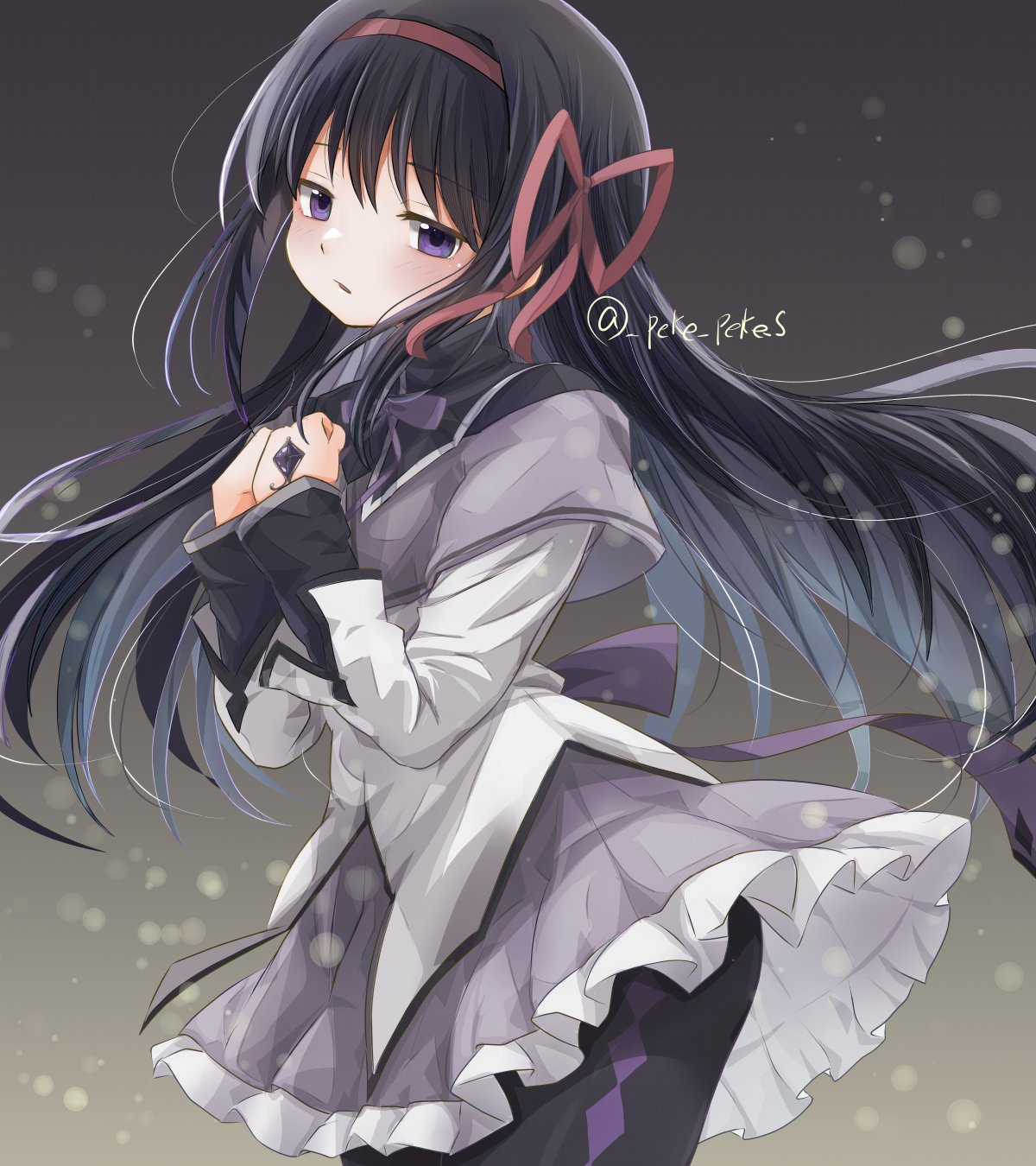 peke peke s, akemi homura, akemi homura (magical girl), mahou shoujo madoka magica, mahou shoujo madoka magica (anime), commentary request, highres, 1girl, arms up, artist name, black hair, black pants, blush, dress, gradient background, hair ribbon, long hair, open mouth, pants, purple dress, purple eyes, red ribbon, ribbon, solo, standing, twitter username