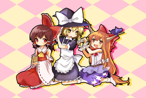 miya (tsumazukanai), hakurei reimu, ibuki suika, kirisame marisa, touhou, lowres, 3girls, adjusting eyewear, adjusting hair, ascot, blouse, bow, bowtie, braid, female focus, frilled hair tubes, frills, full body, hair tubes, hand on another's head, hat, long hair, low-tied long hair, multiple girls, red bow, red bowtie, ribbon, ribbon-trimmed skirt, ribbon trim, shirt, side braid, skirt, sleeveless, sleeveless shirt, socks, tea, very long hair, yellow ascot