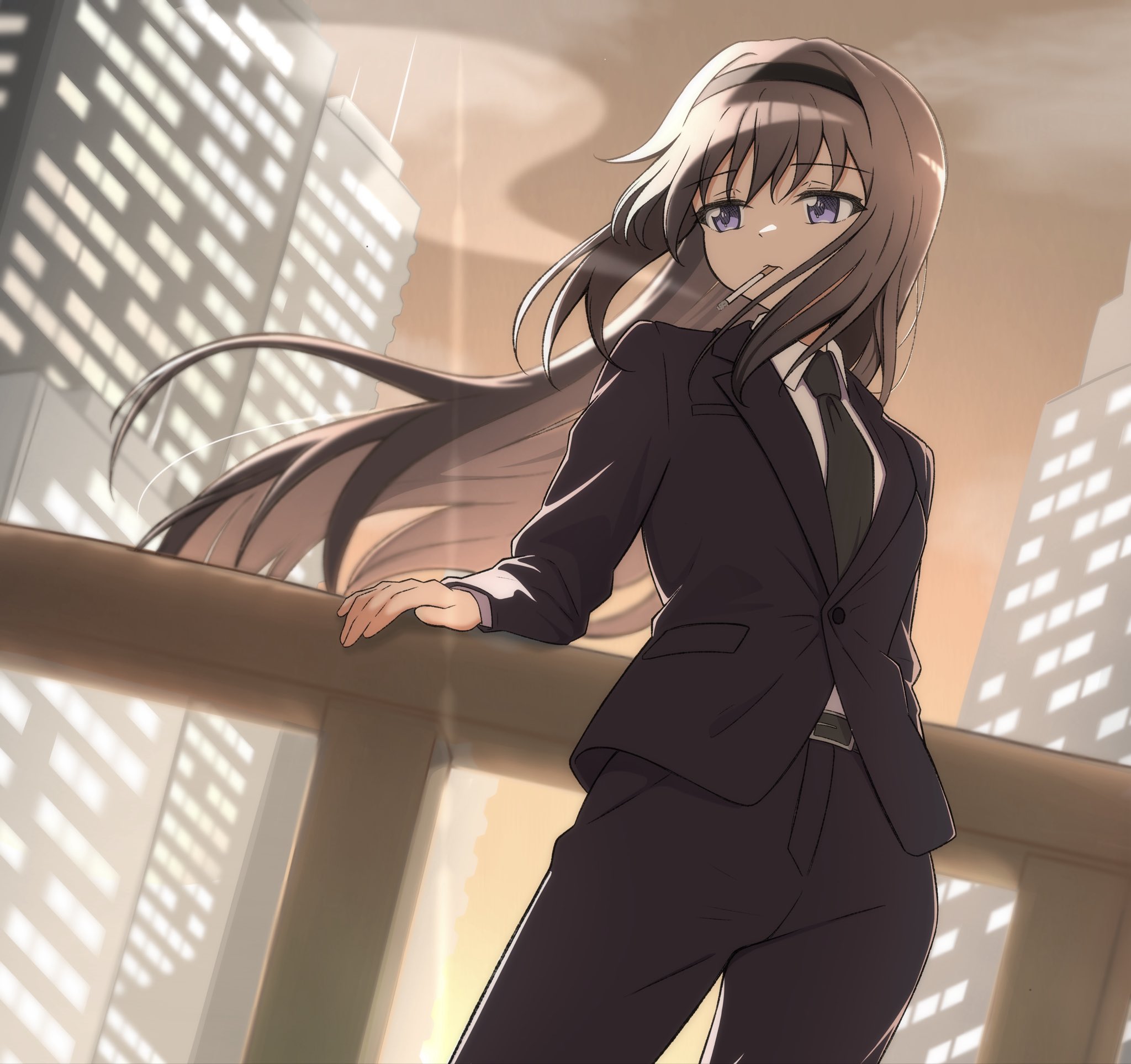 reno 3tomato, akemi homura, mahou shoujo madoka magica, mahou shoujo madoka magica (anime), commentary request, highres, 1girl, against railing, alternate costume, black hair, black pants, black suit, cigarette, collared shirt, floating hair, formal clothes, green necktie, long hair, necktie, outdoors, pants, purple eyes, railing, shirt, smoke, smoking, solo, suit, white shirt