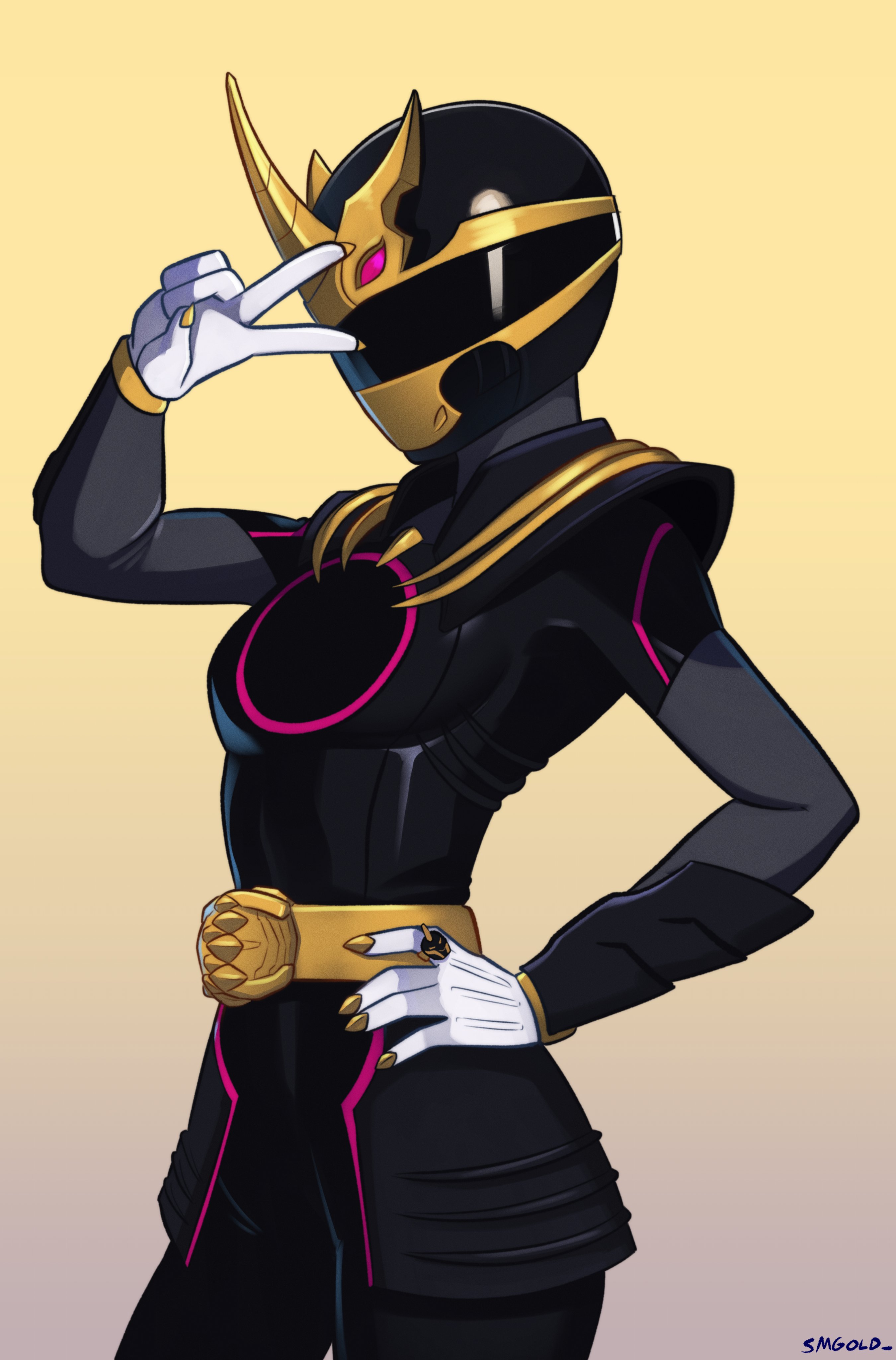 smgold, gozyuunicorn, no.1 sentai gozyuger, super sentai, absurdres, highres, 1girl, black bodysuit, black helmet, bodysuit, breasts, cowboy shot, hand on own hip, helmet, simple background, solo, v, yellow background