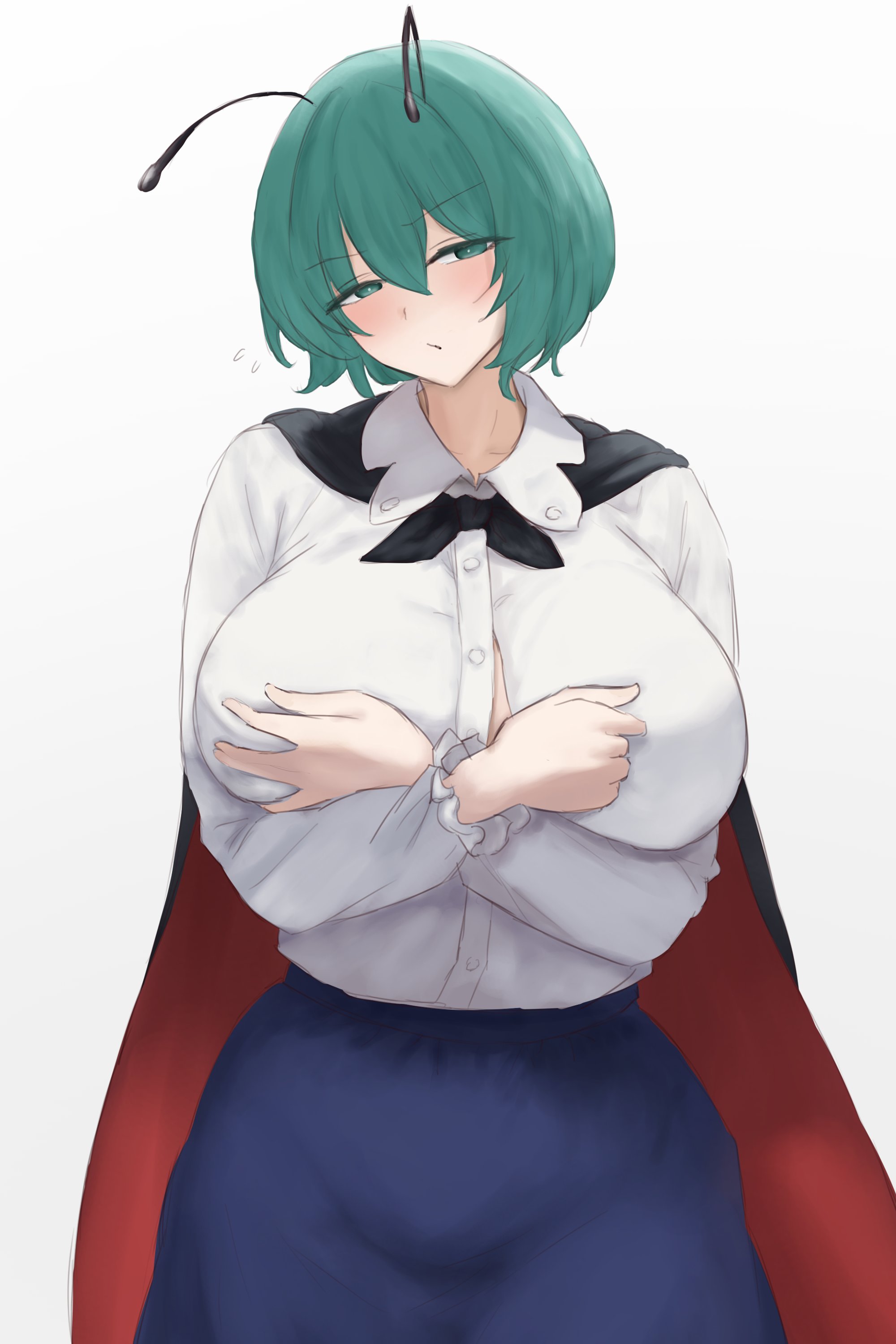 moriforest1040, wriggle nightbug, touhou, absurdres, highres, 1girl, alternate breast size (larger), antennae, black cape, blush, breasts, cape, green eyes, green hair, huge breasts, long sleeves, looking at viewer, red cape, shirt, short hair, solo, two-sided cape, two-sided fabric, white shirt