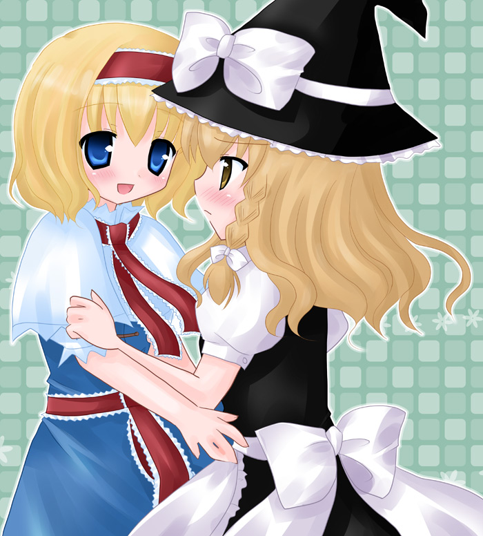amano (caramel shock), alice margatroid, kirisame marisa, touhou, 2girls, :d, apron, blonde hair, blue eyes, blush, cowboy shot, female focus, hat, hug, multiple girls, necktie, open mouth, puffy short sleeves, puffy sleeves, red necktie, short sleeves, smile, tareme, waist apron, witch hat, yuri