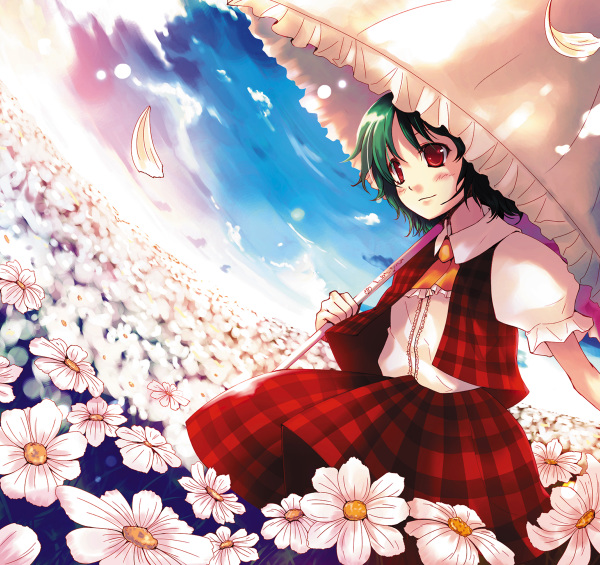 tamaki fuyu, kazami yuuka, touhou, 1girl, ascot, blush, female focus, field, fisheye, flower, flower field, green hair, head tilt, light smile, nature, parasol, petals, plaid clothes, plaid skirt, plaid vest, red eyes, short hair, skirt, skirt set, sky, solo, umbrella, vest