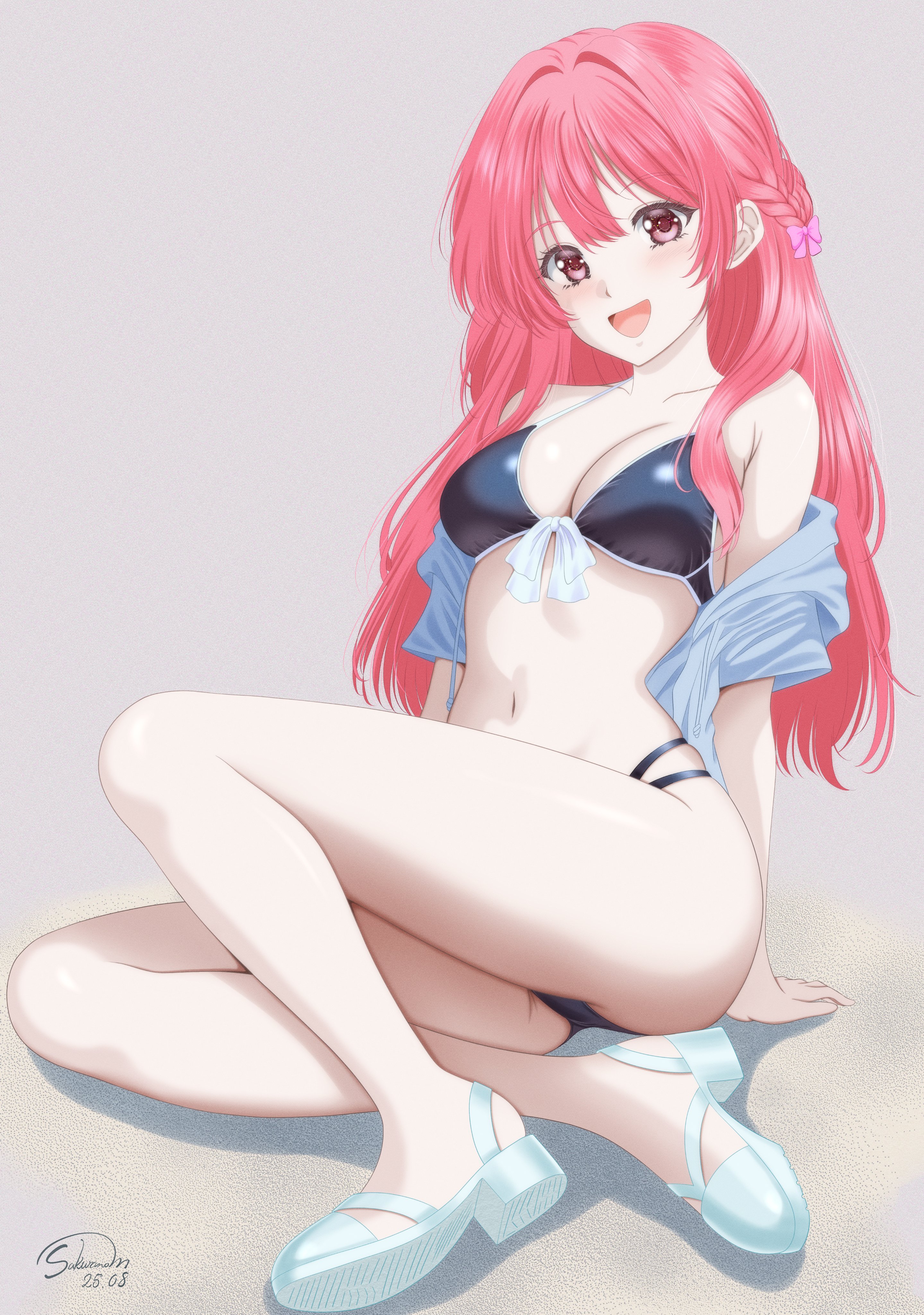 sakurano miki, original, absurdres, commentary request, highres, 1girl, arm support, bikini, black bikini, breasts, collarbone, dated, front-tie bikini top, front-tie top, full body, looking at viewer, multi-strapped bikini bottom, navel, open mouth, pink eyes, pink hair, shoes, signature, sitting, solo, swimsuit, white shoes