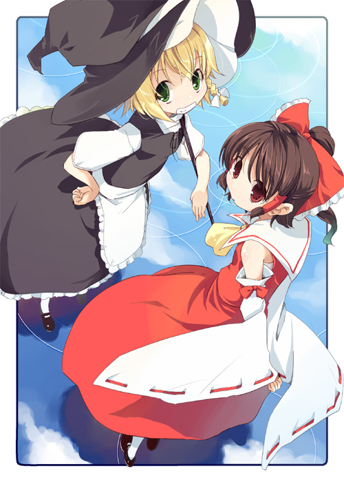 takatsuki tsukasa, hakurei reimu, kirisame marisa, touhou, 2girls, ascot, black hair, black hat, blonde hair, bow, braid, day, detached sleeves, female focus, green eyes, hair bow, hand on own hip, hat, japanese clothes, miko, multiple girls, ponytail, red eyes, reflection, ripples, side braid, standing, water world, yellow ascot