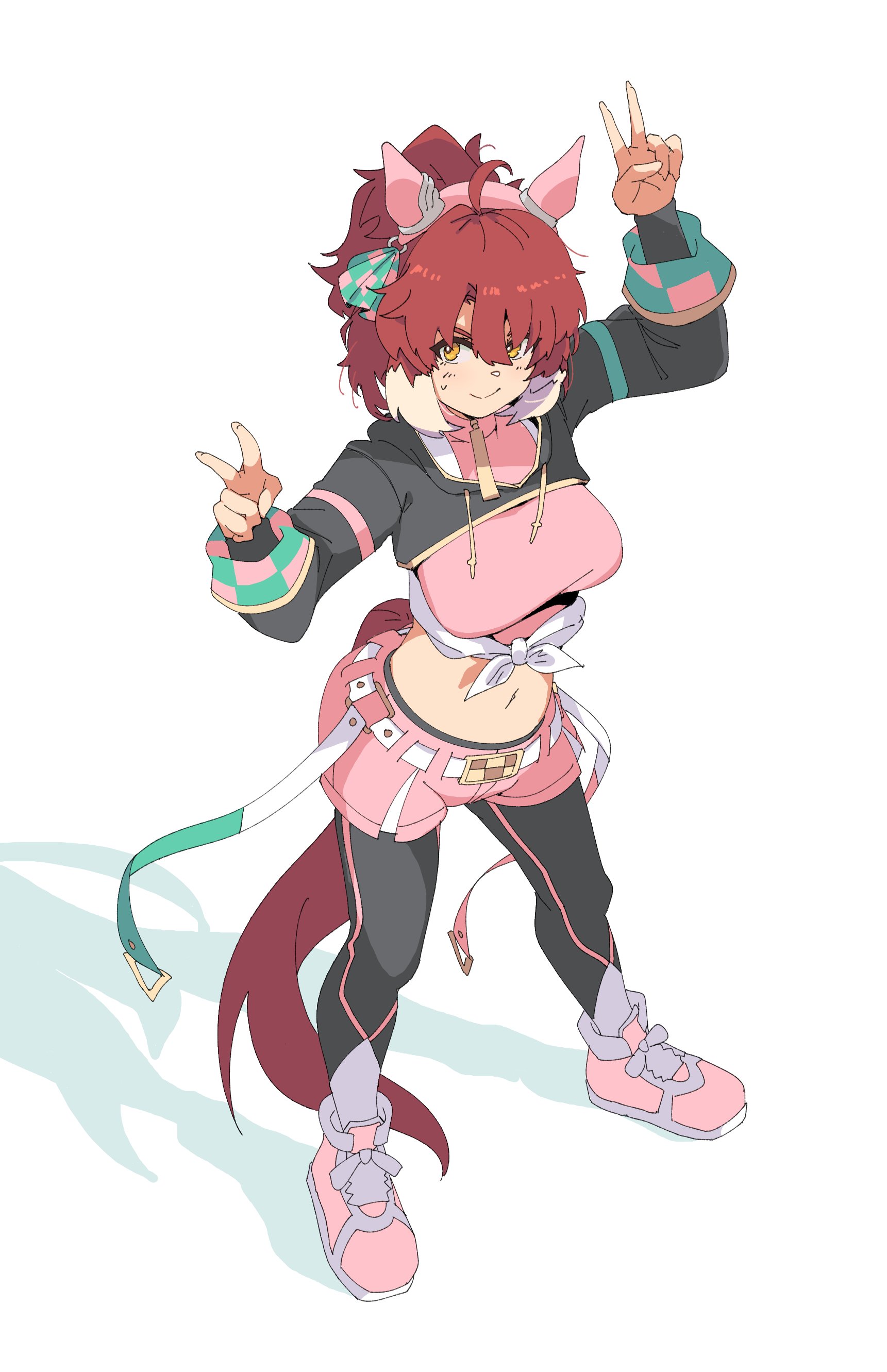 archives.gokulism, dantsu flame (umamusume), umamusume, absurdres, highres, 1girl, ahoge, animal ears, black leggings, black shrug, blush, bow, breasts, brown eyes, brown hair, checkered ribbon, closed mouth, dantsu flame (center spotlight) (umamusume), double v, ear covers, ear ornament, ear ribbon, full body, hair between eyes, hairband, horse ears, horse girl, horse tail, large breasts, leggings, leggings under shorts, midriff, multicolored hair, navel, pink hairband, pink shirt, pink shorts, shirt, shoes, shorts, shrug (clothing), smile, solo, tail, tied shirt, v, white hair, white shirt
