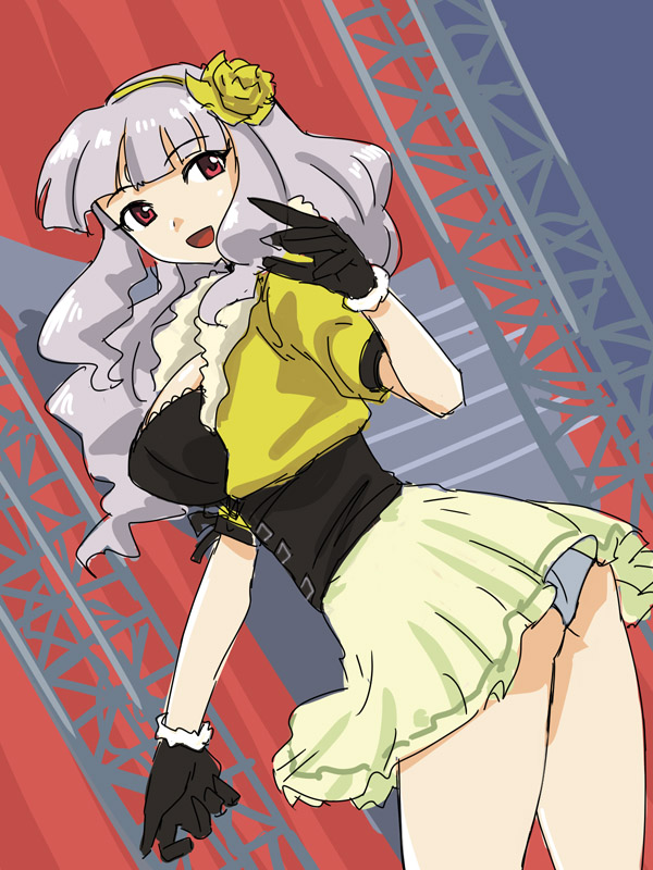 michael f91, 961 production, shijou takane, idolmaster, idolmaster (classic), silver hair, 00s, 1girl, breasts, female focus, flower, gloves, hair flower, hair ornament, hairband, happy, large breasts, panties, pantyshot, red eyes, skirt, solo, underwear, white panties