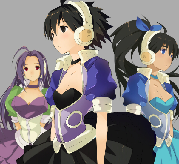 taira tsukune, ganaha hibiki, kikuchi makoto, miura azusa, idolmaster, idolmaster (classic), idolmaster 1, pop sound blossom, 00s, 3girls, ahoge, antenna hair, black eyes, black hair, blue eyes, breasts, choker, cleavage, dress, flat chest, headphones, long hair, medium breasts, multiple girls, purple hair, red eyes, short hair, small breasts