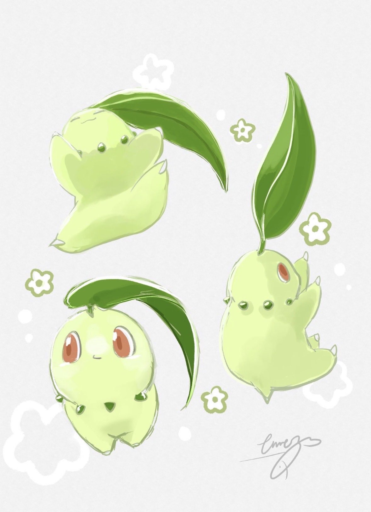 eme ko, chikorita, nintendo, pokemon, highres, closed eyes, closed mouth, flower, gen 2 pokemon, leaf, looking at viewer, no humans, pokemon (creature), pokemon focus, red eyes, simple background, smile