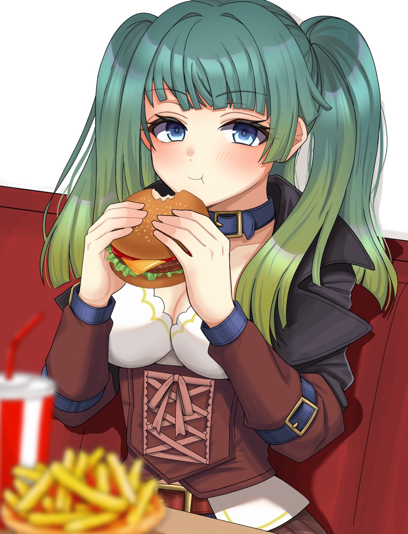 yuno ff, ciconia no naku koro ni, commentary request, commission, highres, skeb commission, 1girl, belt collar, blue collar, blue eyes, blurry, blurry foreground, blush, breasts, burger, chewing, cleavage, collar, eyelashes, food, gradient hair, green hair, gunhild gustafsson, holding, holding burger, holding food, large breasts, multicolored hair, sitting, solo, twintails