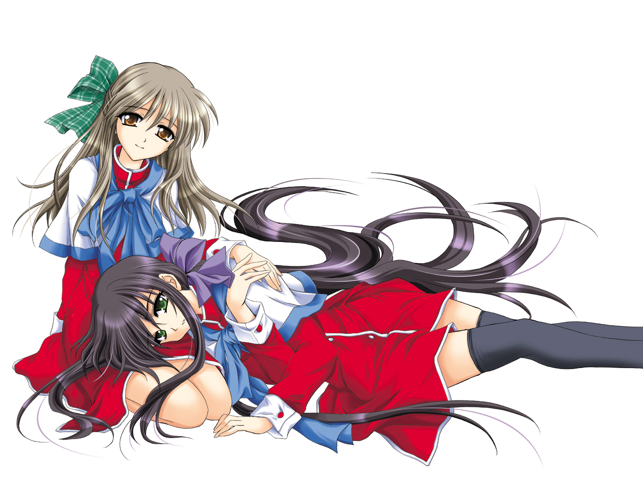 kanna (plum), kawasumi mai, kurata sayuri, kanon, black legwear, silver hair, 2girls, black hair, brown eyes, green eyes, lap pillow, long hair, multiple girls, ponytail, red skirt, school uniform, skirt, thighhighs, very long hair
