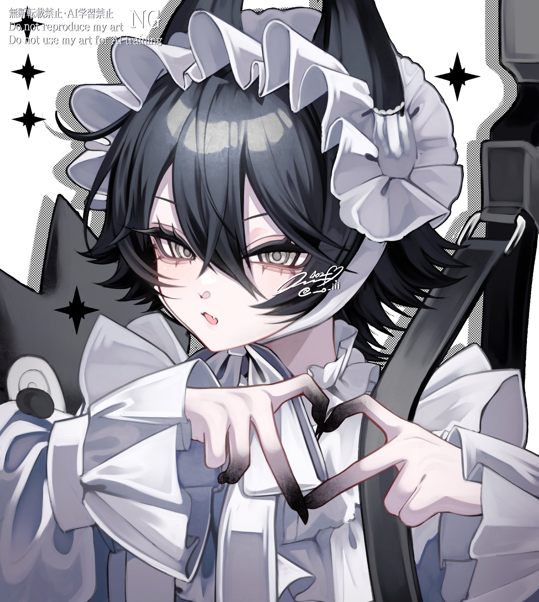 402 (o0 xxx), original, commentary, highres, symbol-only commentary, 1girl, aegyo sal, animal ears, black hair, cat ears, cat girl, colored extremities, double-parted bangs, dress, fang, four-finger heart hands, grey eyes, hair between eyes, hat, heart, heart hands, long sleeves, looking at viewer, open mouth, ringed eyes, short hair, skin fang, solo, upper body, white background, white dress, white hat