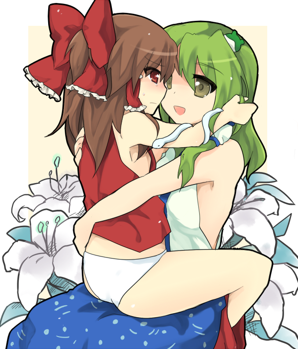 kobato (artist), morinaga kobato, hakurei reimu, kochiya sanae, touhou, non-web source, 2girls, armpits, blush, bottomless, breasts, female focus, hug, japanese clothes, medium breasts, miko, multiple girls, no bra, no pants, panties, ribbon, sideboob, small breasts, snake, underwear, yuri